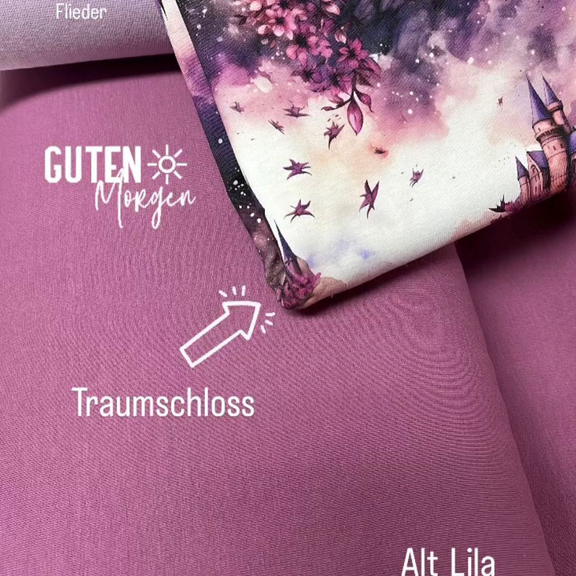 Damenstoff Meterware magischen Schloss mit lila Blüten Kombistoffe